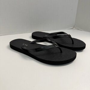 Coach Sandals Abbigal Flip Flops Logo Medallion Travel Beach Cruise Black Silver